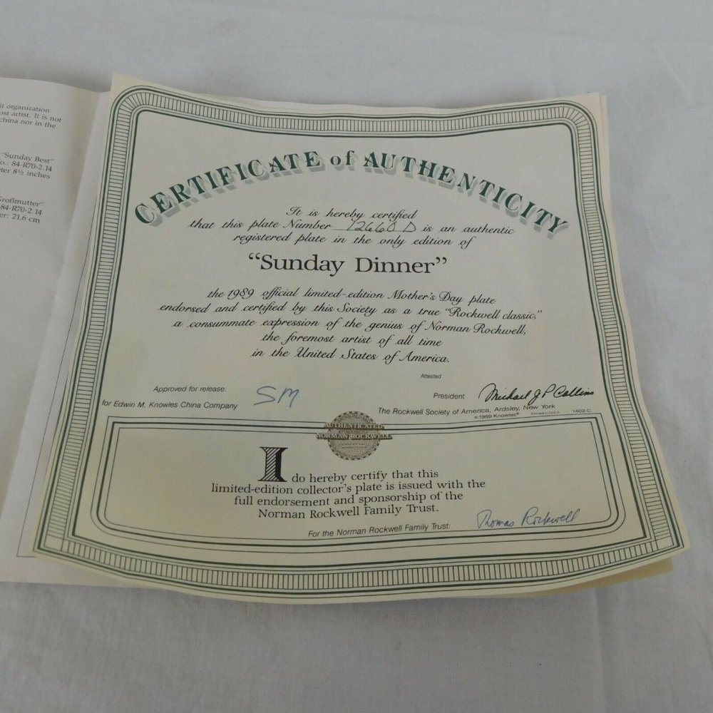 Norman Rockwell Collector Plate Knowles Mother's Day 1989 “Sunday Dinner” COA - Picture 5 of 5